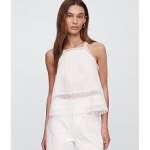 Gap Womens White Lace Trim Dobby Stripe Pintuck Tank Top Blouse M Summer Breezy